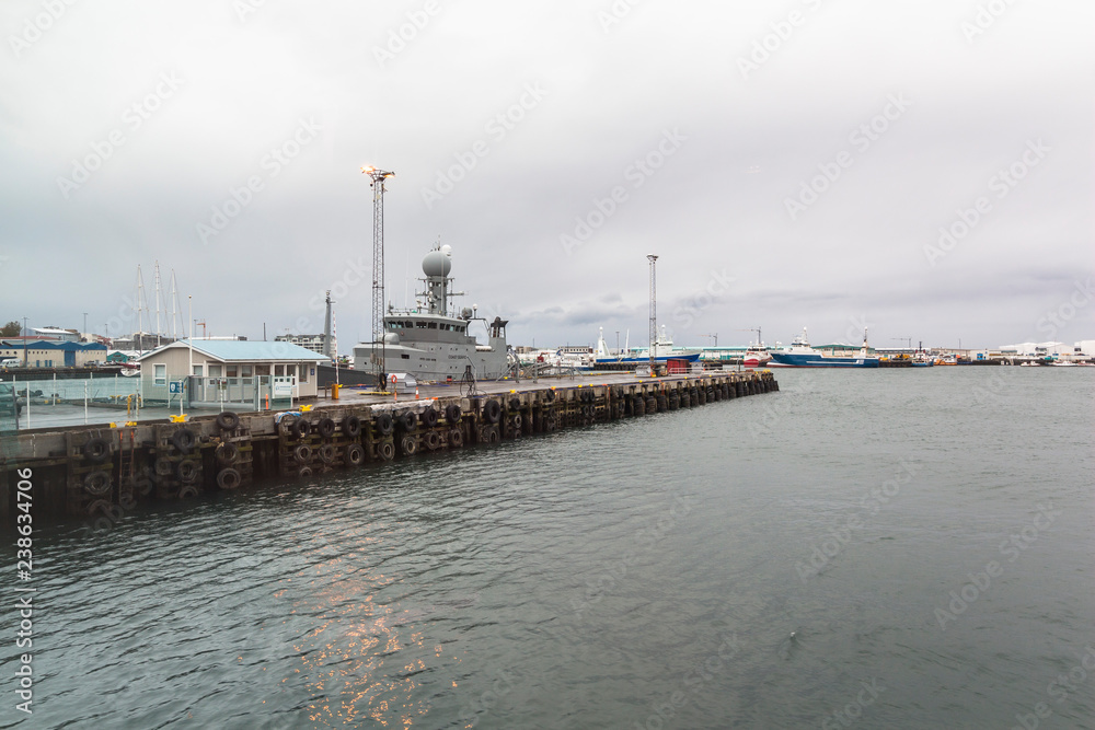 View on Reykjavik harbour on cloudy day