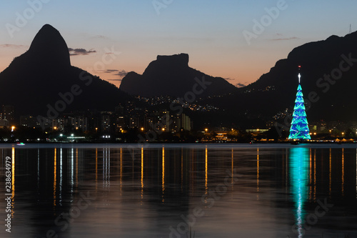 Sunset with Christmas Tree at Rodrigo de Freitas Lake, Rio de Janeiro