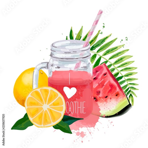 I love smoothie. Smoothie jar with tropical leaf, watermelon and oranges.