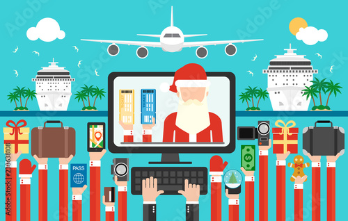 New Year travel design flat,online purchase of tickets for New Year tropical trave.Vector illustration