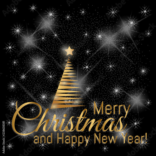 Gold Merry Christmas card with New Year tree and star on the black lighting background