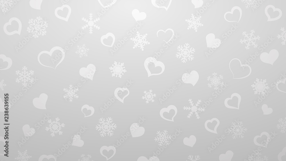 Background of snowflakes and small hearts, in gray colors Background of snowflakes and small hearts, in gray colors