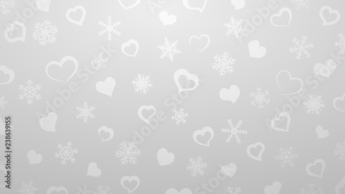 Background of snowflakes and small hearts, in gray colors