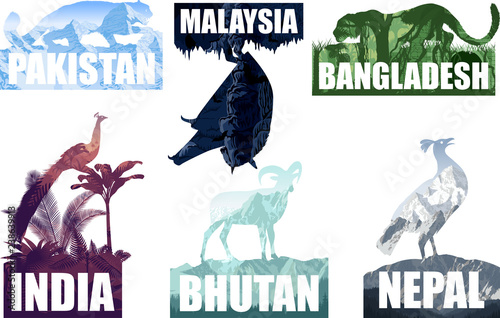 set of ondostan countries illustrations: Nepal, Bangladesh, Bhutan, Pakistan, Malaysia, India