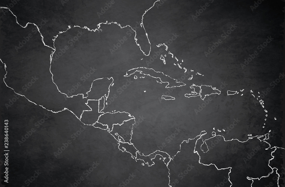 Caribbean islands Central America map, state names, separate states, blackboard chalkboard raster blank Caribbean islands Central America map, state names, separate states, blackboard chalkboard raster blank