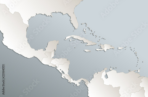 Caribbean islands Central America map, state names, separate states, card blue white 3D raster blank