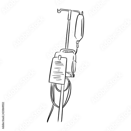 Saline solution bag hanging on pole vector illustration sketch doodle hand drawn with black lines isolated on white background