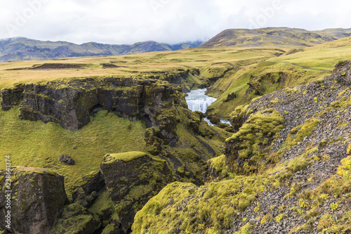 Landscape above Skogafoss waterfall  moss  scenic  Iceland