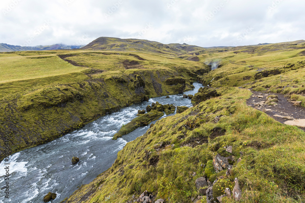 Landscape above Skogafoss waterfall, moss, scenic, Iceland