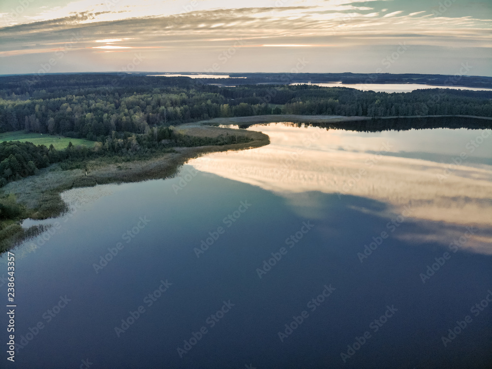 Vast lake and wild nature aerial panorama