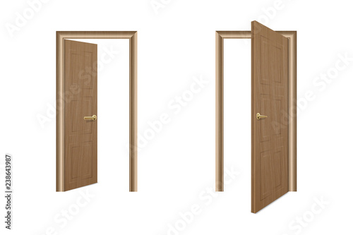 Vector Realistic Different Opened and Closed Brown Wooden Door Icon Set Closeup Isolated on White Background. Elements of Architecture. Design template of Classic Home Door for Graphics. Front View