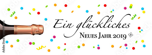 Glückwunschkarte mit Sektflasche und Konfetti, Silvester Banner, Neues Jahr 2019, Grafik Illustration isoliert auf weißem Hintergrund