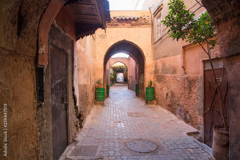 North Africa, Morocco,Marrakech. Arched medina cobblestone alley.