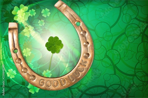 Metal horseshoe and clover leaf isolated on white background