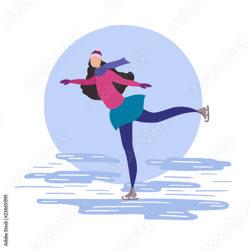 Woman skating on ice rink, flat design vector illustration,  young girl wearing skate boots making move, for advertising, web graphics, infographics, sport.