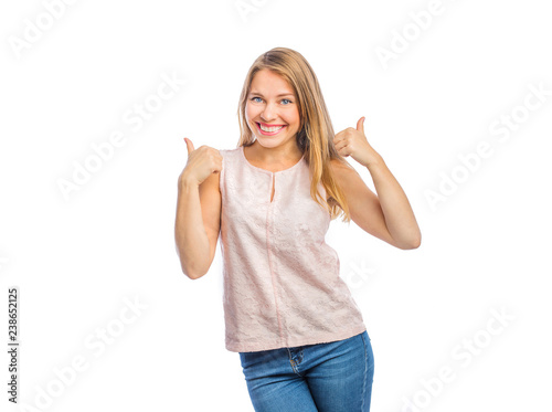 Portrait of a sexy young woman who shows class with both hands, female emotions, shooting on an isolated background