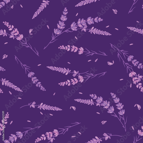 Dark purple lavender floral vector pattern. Beautiful violet lavender retro background. Elegant fabric on light background Surface pattern design.