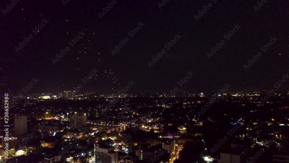 drone shot look around the city for lantern up to sky night in chiang mai loy krathong festival