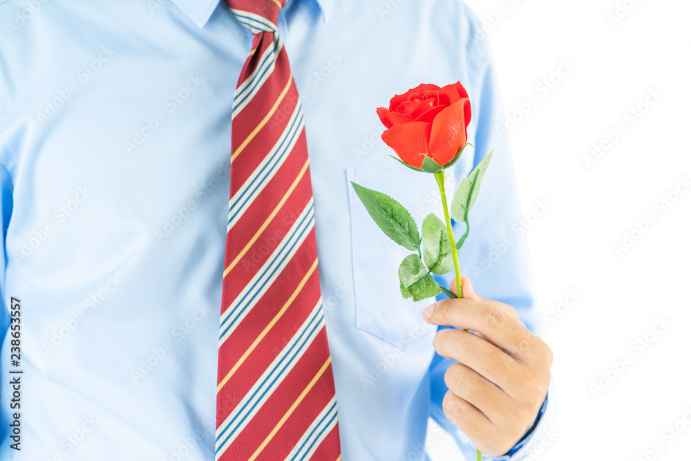 Man holding red rose in hand on white Man holding red rose in hand on white
