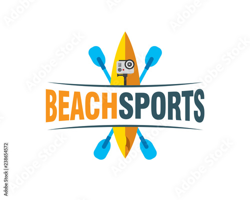 beach sports vintage logo with surfboard paddle action camera