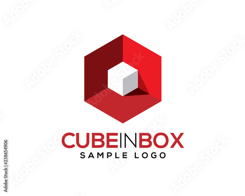 white 3D 3 Dimensional cube inside red hexagon box with light and shadow photo