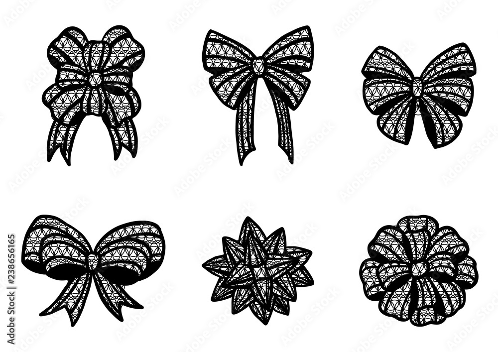 Set of lace christmas bow silhouette on white background.Black and white  ornament vector by hand drawing Stock Vector | Adobe Stock