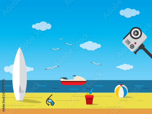 sunny beach landscape action cam shooting with bright sky, surf board, ball, boat, snorkel and sand pot 