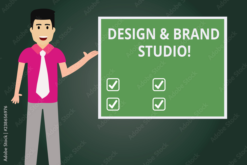 Text sign showing Design And Brand Studio. Conceptual photo Modern designing space professional office Man with Tie Standing Talking Presenting Blank Color Square Board photo Text sign showing Design And Brand Studio. Conceptual photo Modern designing space professional office Man with Tie Standing Talking Presenting Blank Color Square Board photo