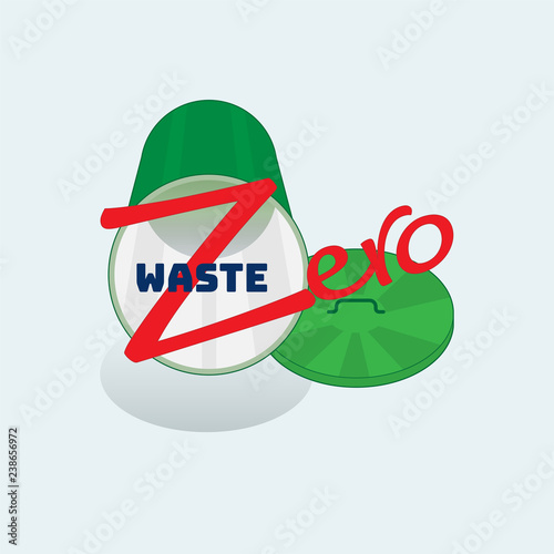 Zero waste typographic design with empty laying down trash can as a gimmick. Vector illustration.