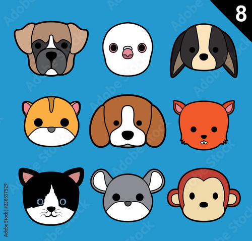 Flat Animal Faces Stroke Icon Cartoon Vector Set 8 (Pet)