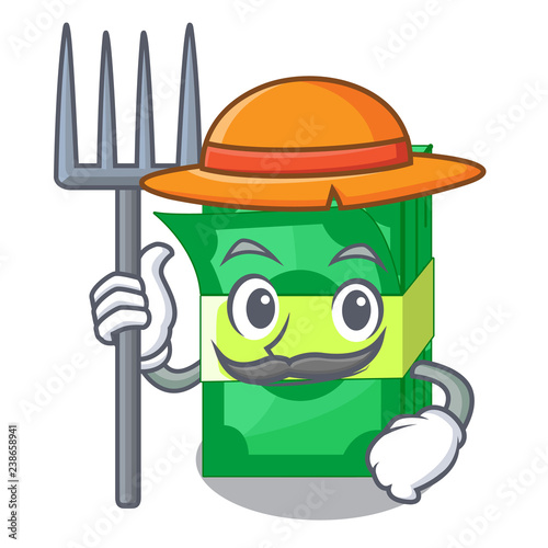 Farmer stack money shape cartoon on table