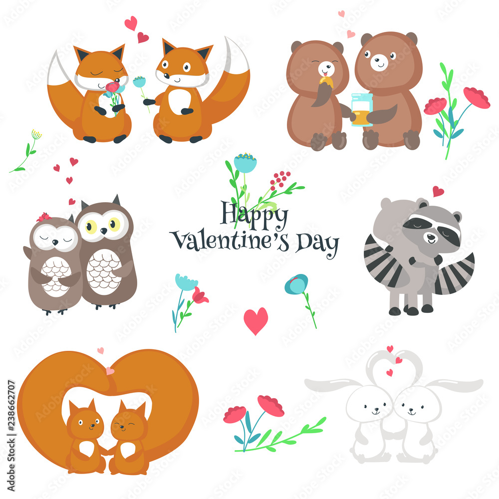 Obraz premium Cute happy animals couples vector isolated illustration