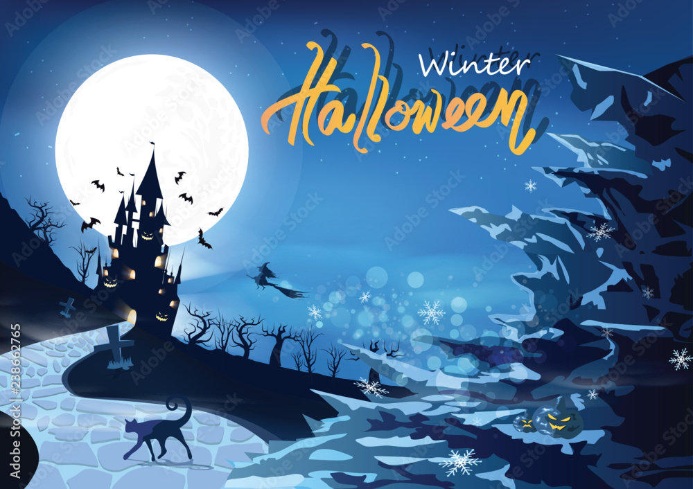 Happy halloween party, winter snowflakes falling concept, mystic castle