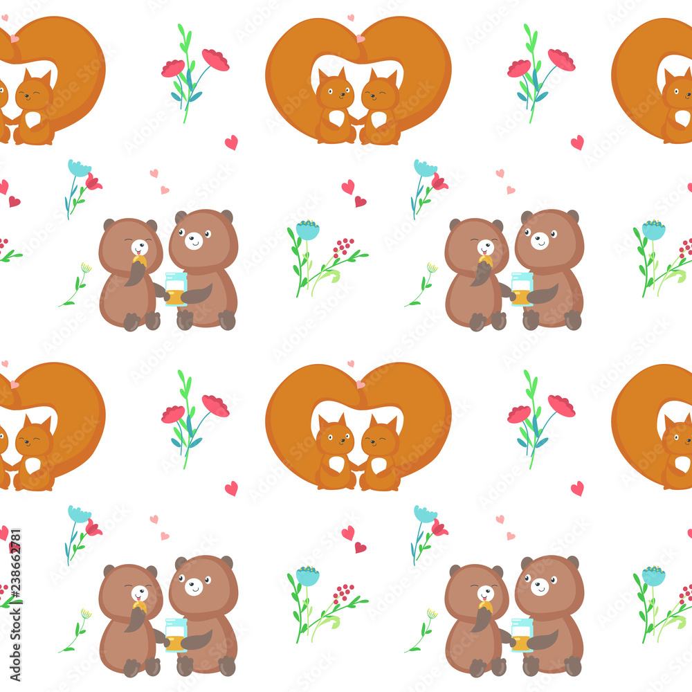 Fototapeta premium Vector seamless pattern with cute animals couples