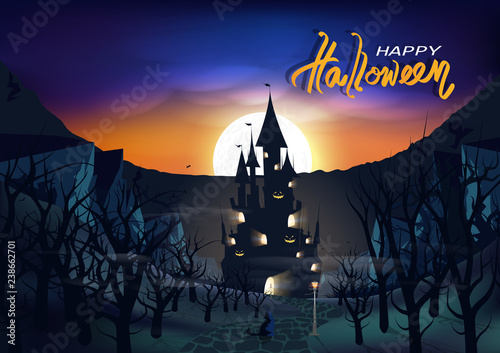 Happy halloween day poster, card, invitation, ghost castle in the dark forest, wasteland fantasy, cat on the road under lamp light abstract background vector illustration