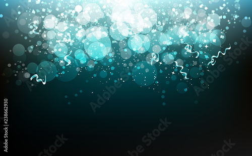 Celebration party festival, stars, ribbons and confetti paper falling, dust, glowing blurry scatter glitter blinking shiny sparkle abstract background vector illustration