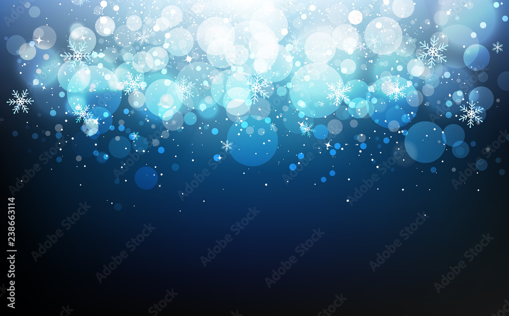 Winter celebration festival with stars blue concept, snowflakes confetti falling, dust, glowing blur scatter blinking Bokeh holiday season abstract background vector illustration