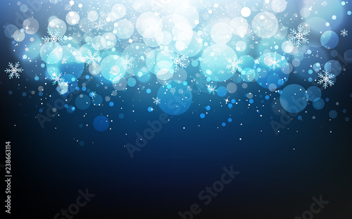 Winter celebration festival with stars blue concept, snowflakes confetti falling, dust, glowing blur scatter blinking Bokeh holiday season abstract background vector illustration