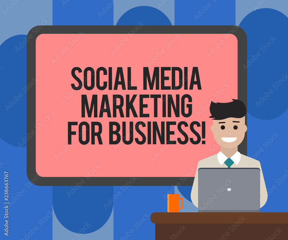 Handwriting text writing Social Media Marketing For Business. Concept meaning Advertising Optimization strategy Blank Bordered Board behind Man Sitting Smiling with Laptop Mug on Desk Handwriting text writing Social Media Marketing For Business. Concept meaning Advertising Optimization strategy Blank Bordered Board behind Man Sitting Smiling with Laptop Mug on Desk