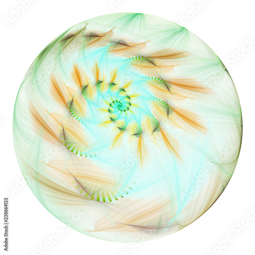 Beautiful exotic flower in crystal sphere. Fantasy green and yellow fractal design. Psychedelic digital art. 3D rendering.