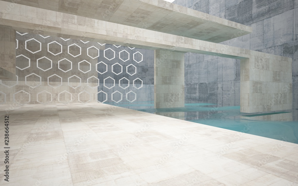 Abstract interior of concrete with blue water. Architectural background. 3D illustration and rendering 