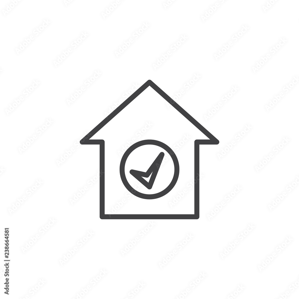 Fototapeta premium Home with check mark outline icon. linear style sign for mobile concept and web design. House choose simple line vector icon. Real estate symbol, logo illustration. Pixel perfect vector graphics