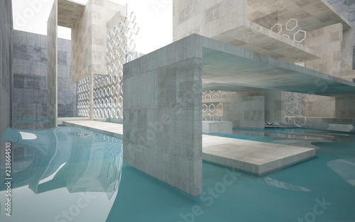 Obraz na płótnie Abstract interior of concrete with blue water. Architectural background. 3D illustration and rendering w salonie