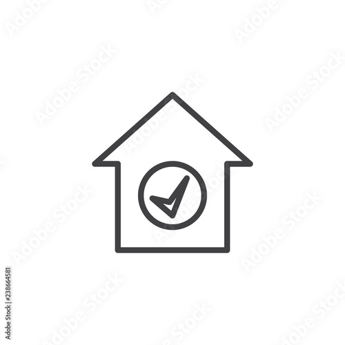 Home with check mark outline icon. linear style sign for mobile concept and web design. House choose simple line vector icon. Real estate symbol, logo illustration. Pixel perfect vector graphics