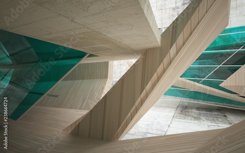Abstract interior of wood  glass and concrete.3D illustration. rendering 