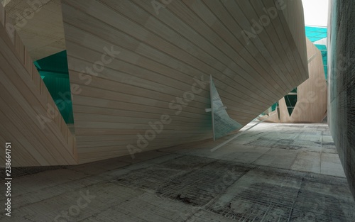 Abstract interior of wood, glass and concrete.3D illustration. rendering 