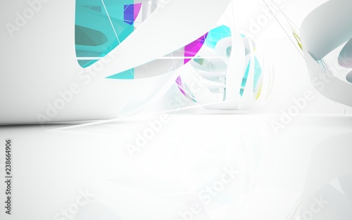 White smooth abstract architectural background whith colored gradient lines . 3D illustration and rendering photo