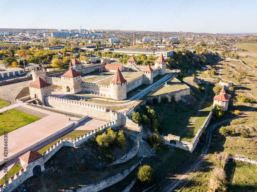 Aerial view of Bendery (Bender; Tighina) Ottoman fortress in unrecognised Pridnestrovian Moldavian Republic (Transnistria; PMR; historical region of Bessarabia), officially Moldova. Trans-Dniester