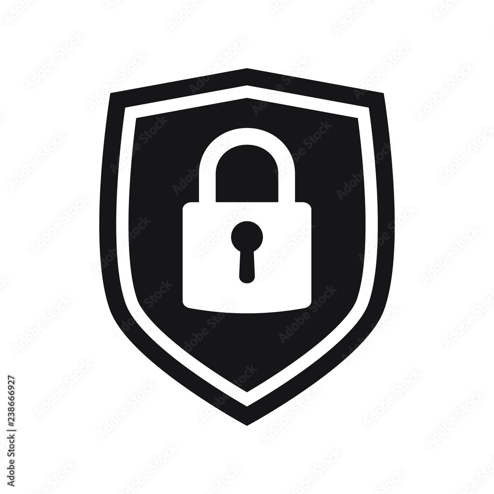 Shield security with lock symbol. Protection, safety, password security vector icon illustration. Firewall access privacy sign. Lock security icon for login page. Website guard emblem.