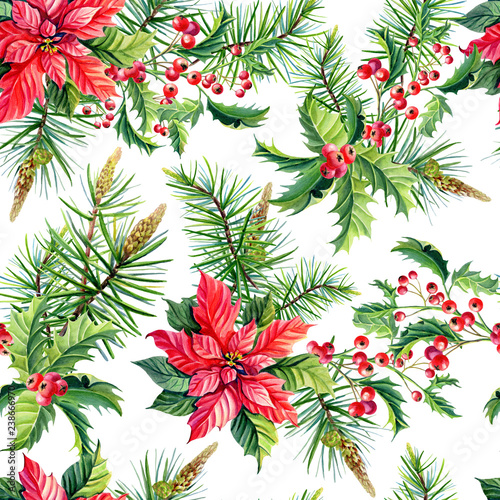 Christmas watercolor seamless pattern.Red poinsettia flowers,Holly, leaves,
